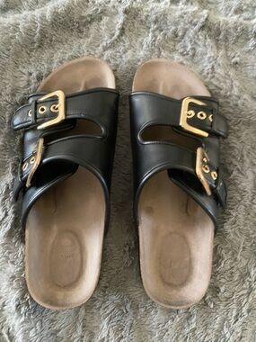 H&M Black Double-Buckle Slide Sandals with Gold Buckles